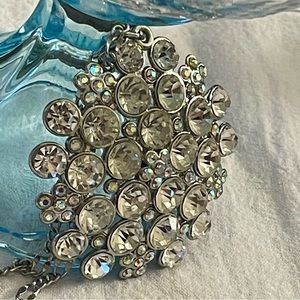 Large beautiful rhinestone glittery pendant on a lovely long silvertone chain